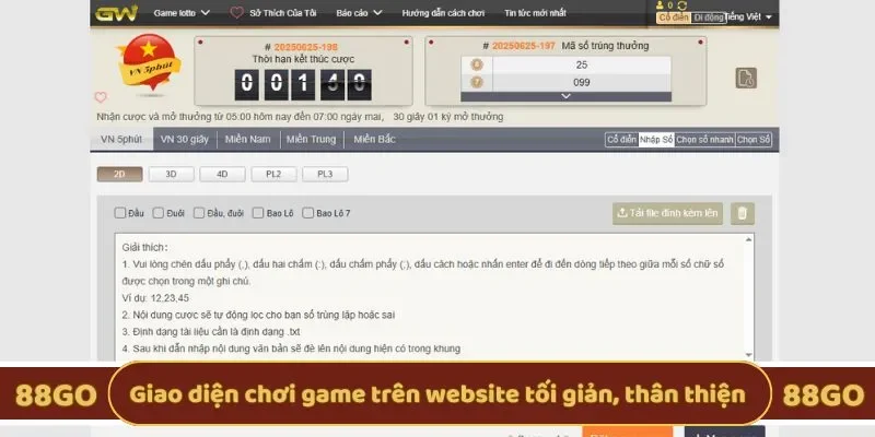 Giao diện chơi game trên website tối giản, thân thiện